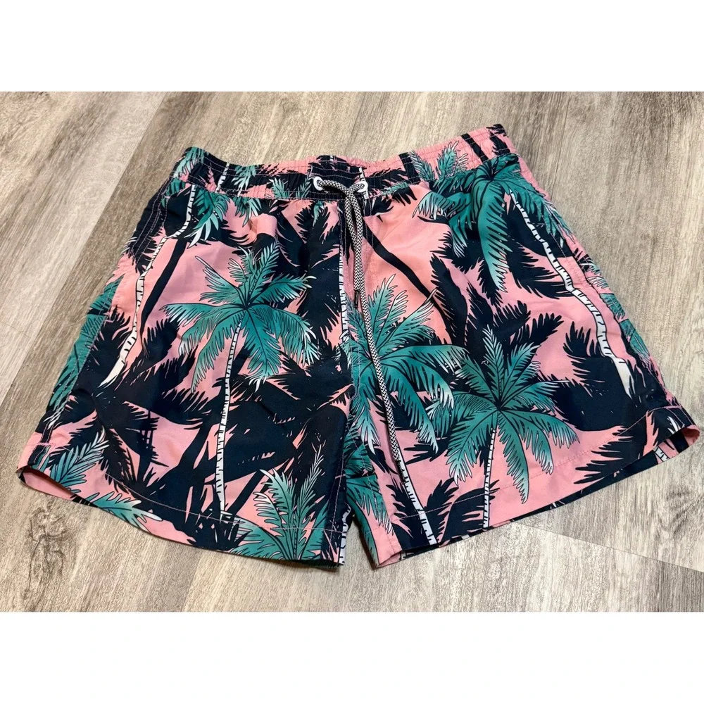 Maamgic Mens Swim Trunks Pink Teal Palm Tree Print Mesh Lined Size Small